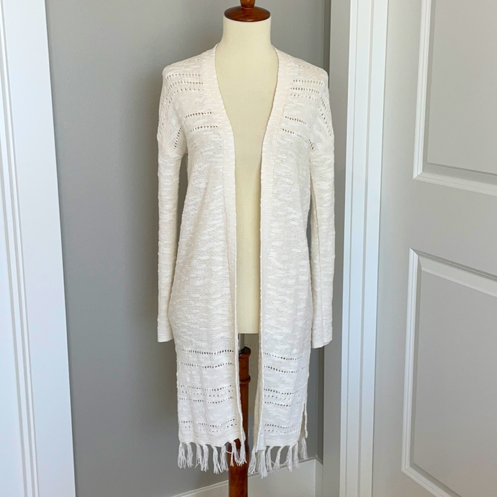 Long Fringe Duster Knit Cardigan Sweater NWOT!